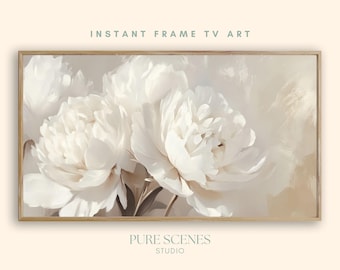 White Peonies Floral Samsung Frame TV Art, Neutral Painting (Digital Download)