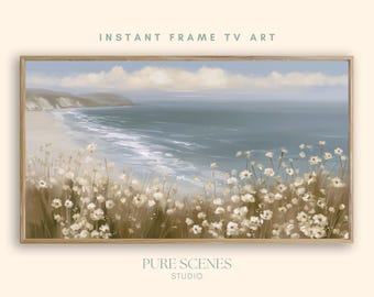 White Wildflowers Coastal Cliffs Samsung Frame TV Art, Neutral Painting (Digital Download)