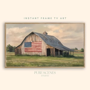 Puede incluir: Una pintura enmarcada de un granero rústico con una gran bandera estadounidense, sobre un fondo de cielo nublado y campos verdes. Incluye el texto "INSTANT FRAME TV ART" y "PURE SCENES STUDIO".