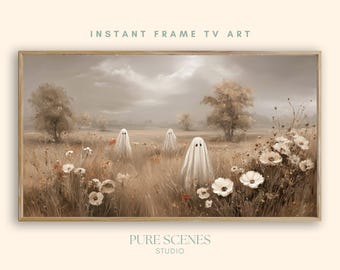 Halloween Ghosts Wildflower Field Holiday Samsung Frame TV Art, Neutral Painting (Digital Download)