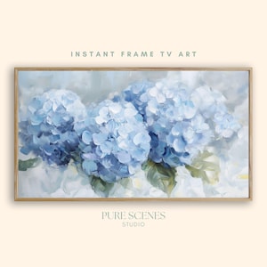 Blue Hydrangea Floral Frame TV Art, Soft Botanical Painting (Digital Download)