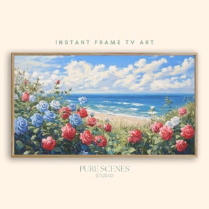 Coastal 4th of July Frame TV Art Red White and Blue Flowers by the Ocean Patriotic TV Art Summer TV Art Usa Oil Painting Digital Download