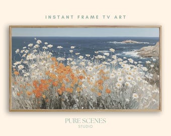 White Orange Wildflowers Cliffside Coastal Samsung Frame TV Art, Textured Painting (Digital Download)