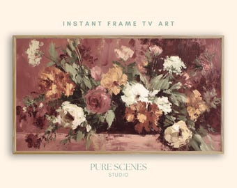 Fall Roses Peonies Bouquet Still Life Samsung Frame TV Art, Textured Painting (Digital Download)
