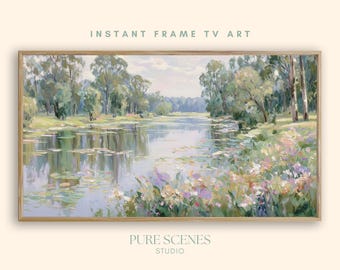 Wildflowers River Landscape Samsung Frame TV Art, Pastel Painting (Digital Download)