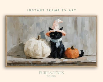 Halloween Black Cat Pumpkins Holiday Samsung Frame TV Art, Textured Painting (Digital Download)