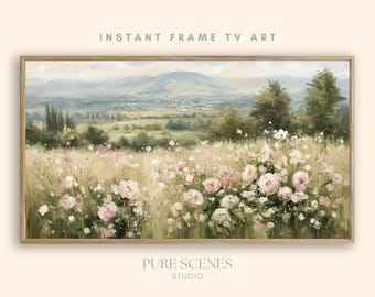 Pink White Wildflowers Rolling Hills Landscape Samsung Frame TV Art, Pastel Painting (Digital Download)
