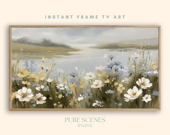 Wildflower Meadow Lake Landscape Samsung Frame TV Art, Neutral Painting (Digital Download)