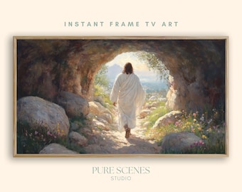 He Is Risen Frame TV Art Glorious Easter Sunrise Painting Vintage Christian Art for Frame TV Religious Living Room TV Screensaver Decor