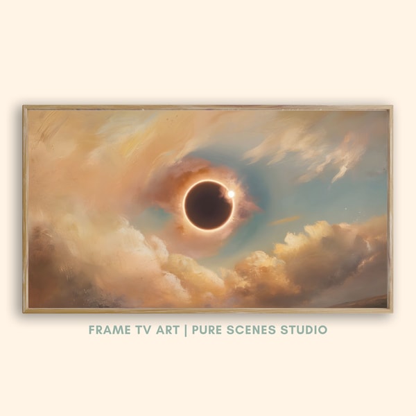 Solar Eclipse Frame TV Art, Vintage Celestial Landscape Painting, Astronomy Scene Oil Painting, Pastel Eclipse Screensaver, Instant Download