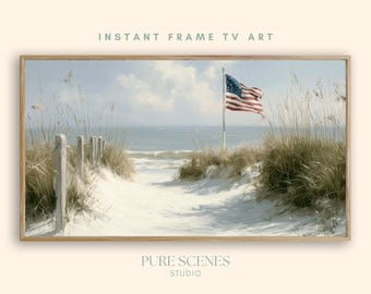 American Flag Sandy Beach Path Patriotic Samsung Frame TV Art, Neutral Painting (Digital Download)