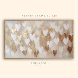 Abstract Gold and White Hearts Valentines Day Frame TV Art, Neutral Decorative Painting (Digital Download)