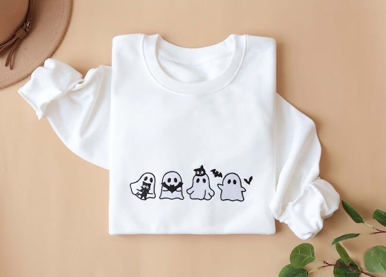 Discover Ghost Embroidered Sweatshirt, Halloween Sweatshirt, Cute Ghost Gift
