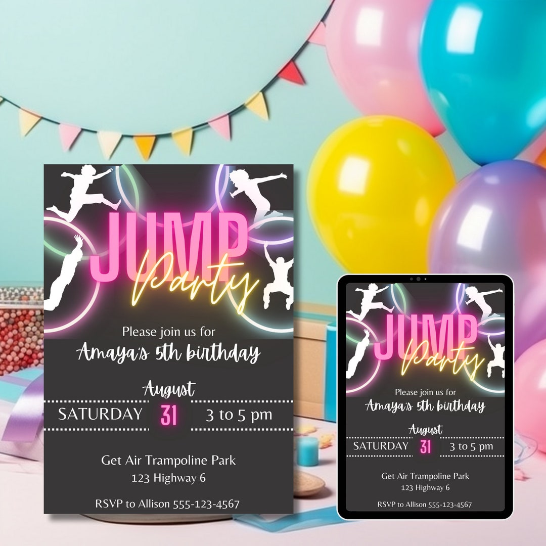 Neon Jump Party Birthday Invitation Editable 5x7 Trampoline - Etsy