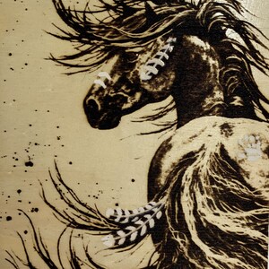 Indian Pony Wood Burned and Hand Painted with Accents. Done on Balsa Wood Plaque 10.5" (H) x 8" (W). Our Heritage of the Mustangs.