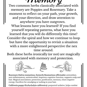 May include: A black and white page with the word "Memory" in elegant script. The text discusses herbs associated with memory, including rosemary and California poppy, with their benefits and magical associations. Page 7 is at the bottom.