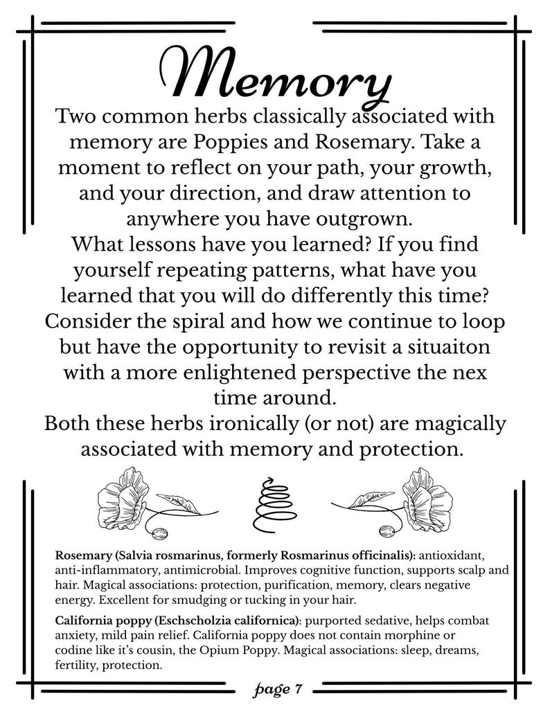 May include: A black and white page with the word "Memory" in elegant script. The text discusses herbs associated with memory, including rosemary and California poppy, with their benefits and magical associations. Page 7 is at the bottom.