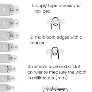 Puede incluir: Gr&aacute;fico blanco con instrucciones sobre c&oacute;mo medir las u&ntilde;as. El texto dice "HOW TO MEASURE" e incluye pasos para aplicar cinta adhesiva, marcar los bordes y medir el ancho en mil&iacute;metros. La imagen tambi&eacute;n muestra una tabla de tallas de u&ntilde;as.