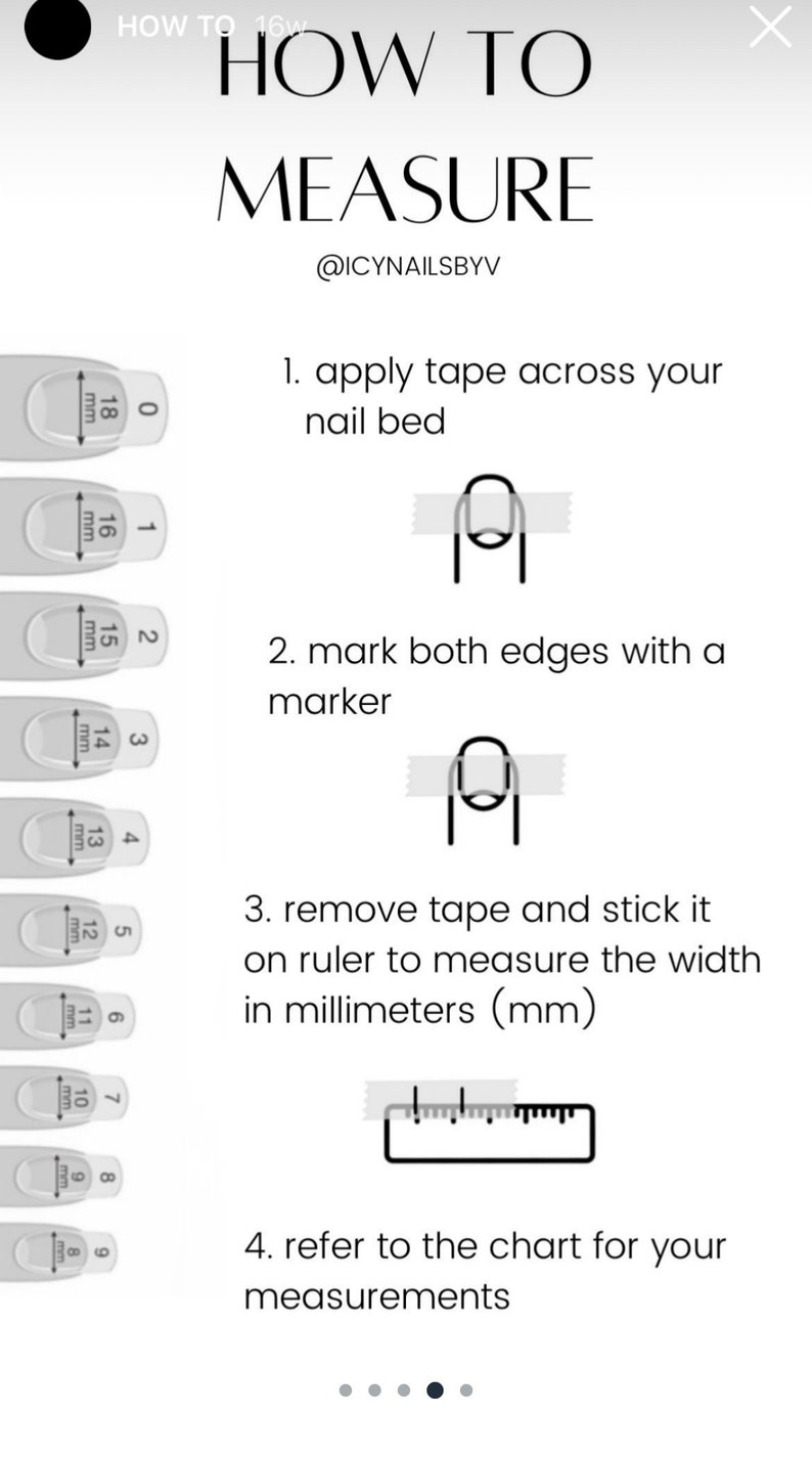 Puede incluir: Gr&aacute;fico blanco con instrucciones sobre c&oacute;mo medir las u&ntilde;as. El texto dice "HOW TO MEASURE" e incluye pasos para aplicar cinta adhesiva, marcar los bordes y medir el ancho en mil&iacute;metros. La imagen tambi&eacute;n muestra una tabla de tallas de u&ntilde;as.