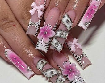 STRIPED HIBICUS / press on nails luxury