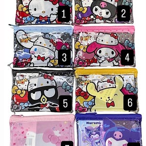 May include: A collection of eight clear, zippered pouches featuring various cartoon characters. Each pouch has a different design, including Hello Kitty, My Melody, and other Sanrio characters. The pouches have colored trim and are filled with small items.