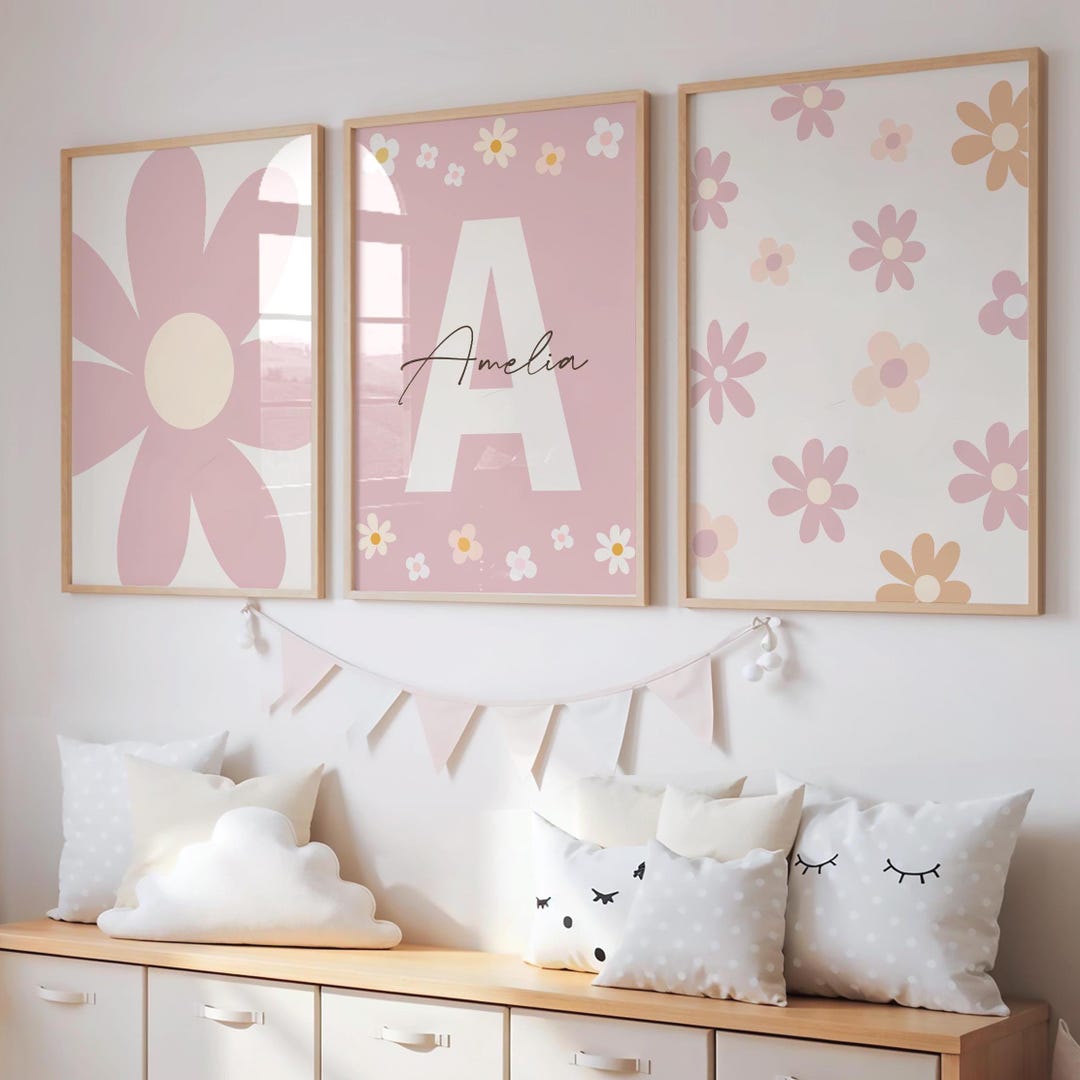 Personalized Daisy Flower Wall Art Set of 3 | Custom Name Daisy Art ...