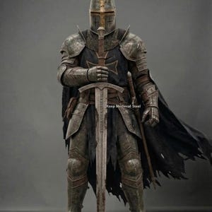 May include: A full suit of medieval armor, including a helmet with a cross, shoulder guards, and leg protection. The knight holds a large sword. The text "Keep Medieval Steel" is visible. The armor has a weathered, battle-worn appearance.