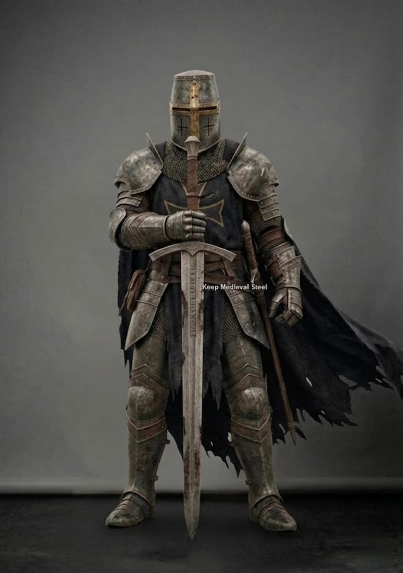 May include: A full suit of medieval armor, including a helmet with a cross, shoulder guards, and leg protection. The knight holds a large sword. The text "Keep Medieval Steel" is visible. The armor has a weathered, battle-worn appearance.