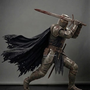 May include: A medieval knight in full armor, wielding a large sword with a blood-stained blade. The knight is in a dynamic pose, with a black cape billowing behind. The armor is detailed and weathered, suggesting battle. The image has a dark, dramatic tone.