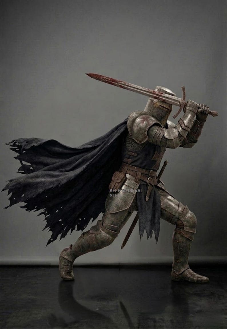 May include: A medieval knight in full armor, wielding a large sword with a blood-stained blade. The knight is in a dynamic pose, with a black cape billowing behind. The armor is detailed and weathered, suggesting battle. The image has a dark, dramatic tone.