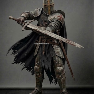 May include: A medieval knight in full armor, holding a large sword. The knight wears a helmet with a cross, chainmail, and a black cape. The armor is weathered, and the sword has a bloodied blade. The text "Keep Medieval Steel" is visible.