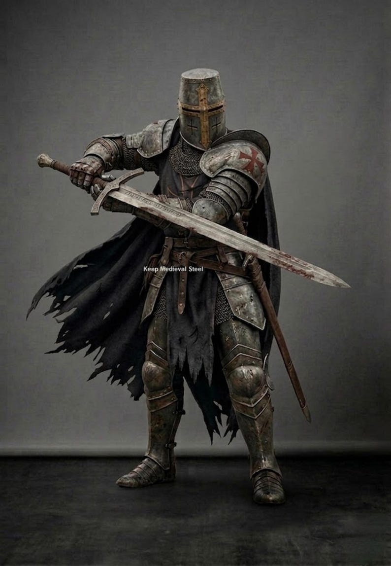 May include: A medieval knight in full armor, holding a large sword. The knight wears a helmet with a cross, chainmail, and a black cape. The armor is weathered, and the sword has a bloodied blade. The text "Keep Medieval Steel" is visible.