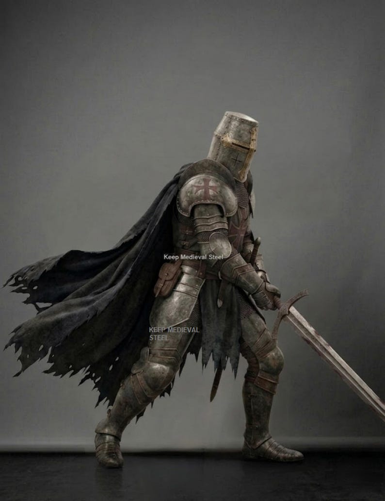 May include: A full suit of medieval armor, including a helmet, chest plate, and leg guards. The armor is a weathered silver color, with a black cape and a sword. The text "Keep Medieval Steel" is visible.