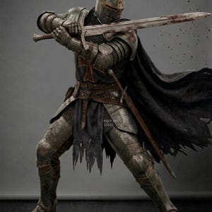 May include: A medieval knight in full armor, wielding a long sword with blood stains. The knight is in a defensive stance, with a black cape and a cross emblem on the chest. The image has a dark, gritty aesthetic.