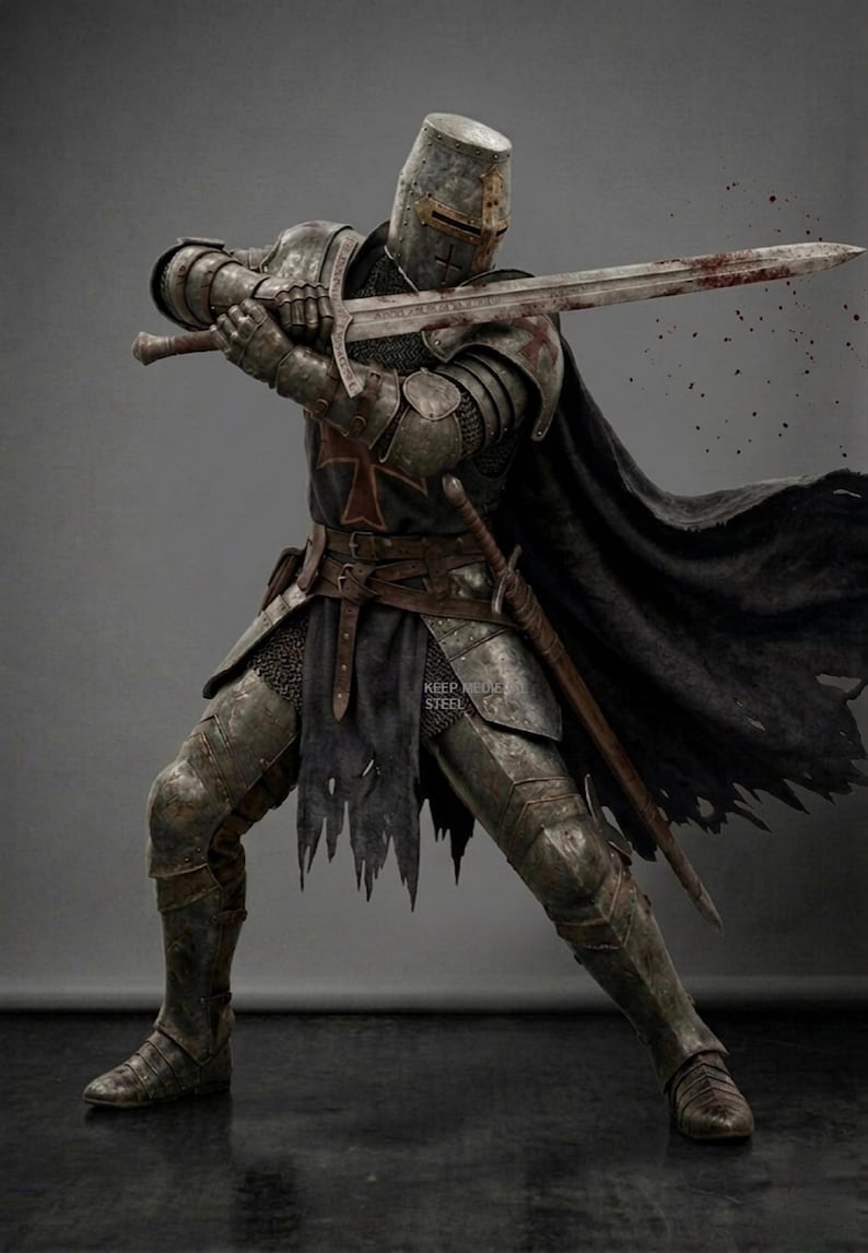 May include: A medieval knight in full armor, wielding a long sword with blood stains. The knight is in a defensive stance, with a black cape and a cross emblem on the chest. The image has a dark, gritty aesthetic.