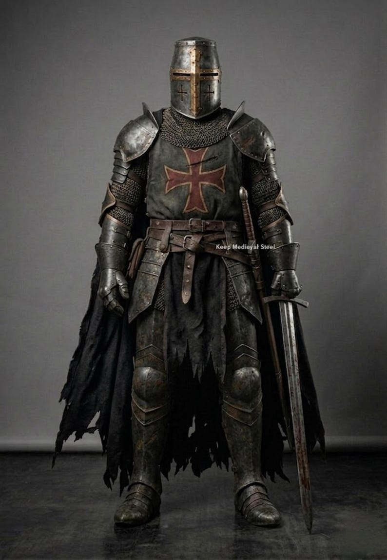 May include: Full suit of medieval armor, including a helmet, chainmail, and plate armor. The chest features a red cross on a dark background. A long sword is held at the side. The armor is dark gray with gold accents.
