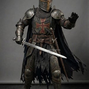May include: A full suit of medieval armor, including a helmet with a cross, chainmail, and a tunic with a red cross. The knight holds a sword and is wearing a black cape. The armor is weathered, suggesting age and use.