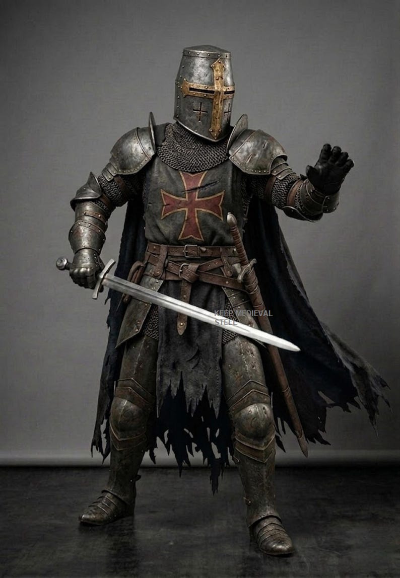 May include: A full suit of medieval armor, including a helmet with a cross, chainmail, and a tunic with a red cross. The knight holds a sword and is wearing a black cape. The armor is weathered, suggesting age and use.