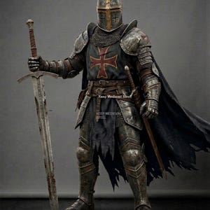 May include: A full suit of medieval armor, including a helmet with a cross, chainmail, and a black cape. The knight holds a large sword. The text "Keep Medieval Steel" is visible.