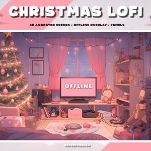 Christmas Lo-Fi Animated Overlay / Cute Chill Room / Pink Panels / Panels and Overlays for Twitch