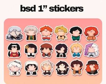 May include: A collection of eighteen small, square-shaped stickers featuring stylized cartoon characters with simple facial expressions. The stickers are arranged in three rows on a light pink background. The text "bsd 1" stickers" and "bite sized!" appear.