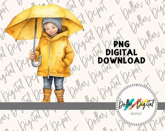 Child With Yellow Raincoat, Boots & Umbrella DIGITAL DOWNLOAD PNG Instant Download, Printable Sublimation, Rainy Days Clipart Gift