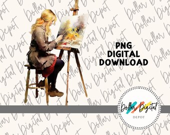 Mädchen Künstler DIGITAL DOWNLOAD PNG, Maler Sofortiger Download, Printable Sublimation, Malerei Clipart Geschenk, Pinsel & Farbe