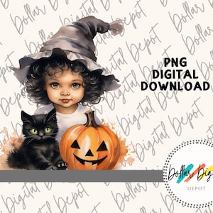 Mädchen Hexe mit schwarzer Katze & Jacko Laterne DIGITAL DOWNLOAD PNG, Halloween Sofortiger Download, druckbare Sublimation, Kind Herbst Clipart Geschenk