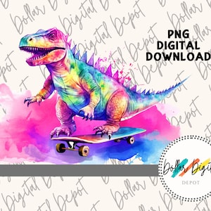 Colorful Dinosaur Skateboard DIGITAL DOWNLOAD PNG, Dino Instant Download, Printable Sublimation, Dinosaur Clipart Gift, Skateboarding T Rex