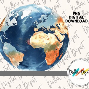 Puede incluir: Una pintura de acuarela de la Tierra con tonos azules y naranjas. Los continentes son visibles y la pintura tiene un aspecto texturizado. El texto "PNG DIGITAL DOWNLOAD" está en la esquina superior derecha de la imagen. El texto "Dollar Digital Depot" está en la esquina inferior derecha de la imagen.