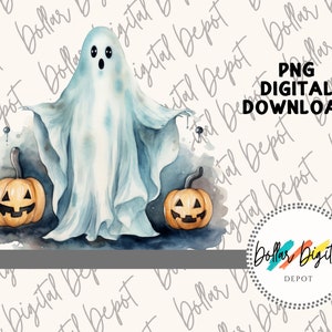 May include: A watercolor illustration of a ghost with two jack-o'-lantern pumpkins. The ghost is white with blue and gray watercolor accents. The pumpkins are orange with black eyes, nose, and mouth.