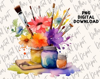 May include: Watercolor painting of a bouquet of flowers in mason jars with paintbrushes. The flowers are pink, purple, orange, and yellow. The background is white with the text "Dollar Digital Depot" repeated.