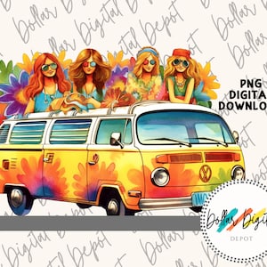 Può includere: Un furgone vintage giallo e bianco con fiori colorati dipinti sul lato. Quattro donne con i capelli lunghi sono sedute sul tetto del furgone. Il furgone ha un logo VW sul davanti.