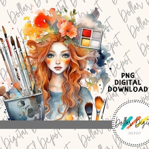 Girl Artist DIGITAL DOWNLOAD PNG, Painter Instant Download, Printable Sublimation, Painting Clipart Gift, Paint Brushes & Paint